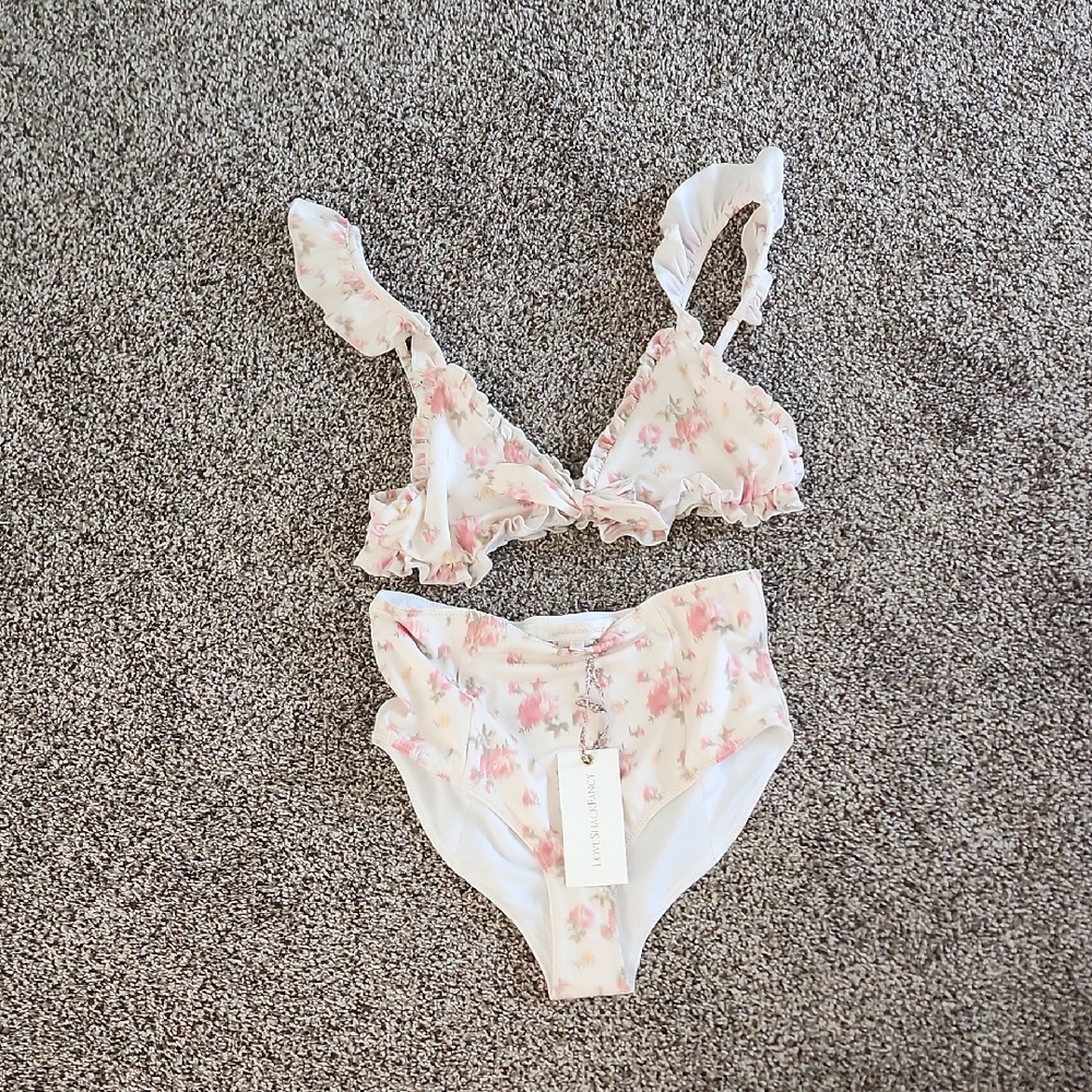 LoveShackFancy Cream Bikini Top with Pink Floral Print